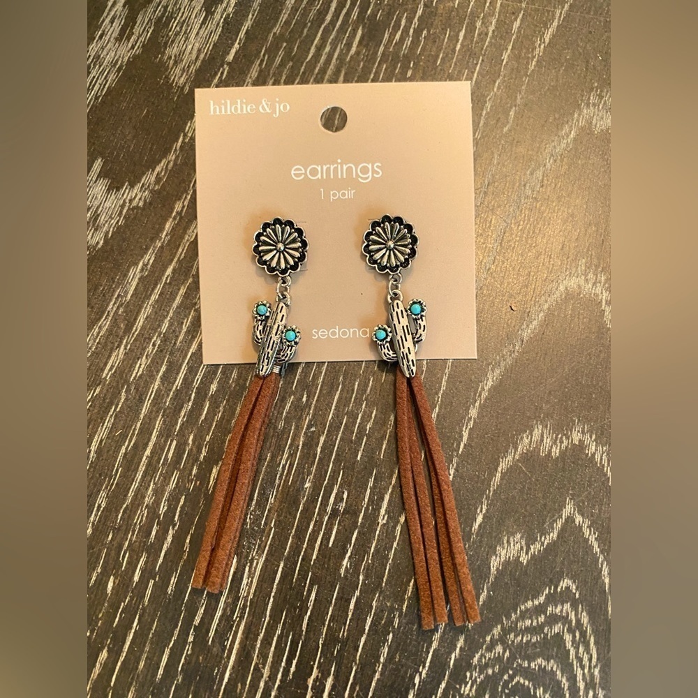 New! 3” Dangle Earrings, Medium Weight, Cactus Flower with leather fringe